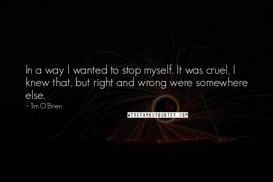 Tim O'Brien quotes: In a way I wanted to stop myself. It was cruel, I knew that, but right and wrong were somewhere else.
