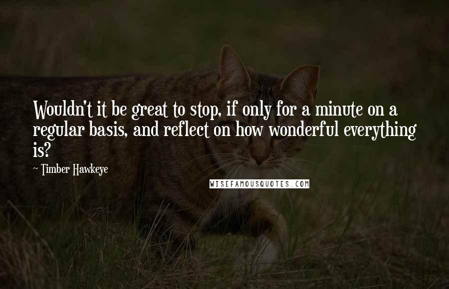 Timber Hawkeye quotes: Wouldn't it be great to stop, if only for a minute on a regular basis, and reflect on how wonderful everything is? Timber Hawkeye quotes: Wouldn't it be great to stop, if only for a minute on a regular basis, and reflect on how wonderful everything is?