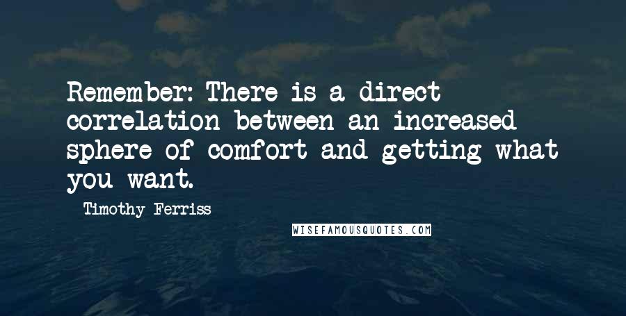 Timothy Ferriss quotes: Remember: There is a direct correlation between an increased sphere of comfort and getting what you want. Timothy Ferriss quotes: Remember: There is a direct correlation between an increased sphere of comfort and getting what you want.