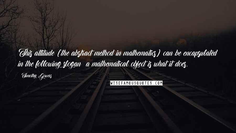 Timothy Gowers quotes: This attitude [the abstract method in mathematics] can be encapsulated in the following slogan: a mathematical object is what it does.