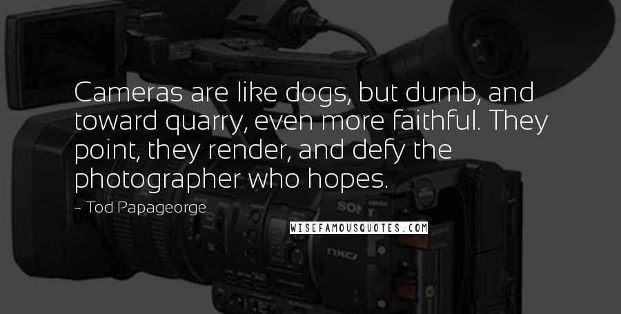 Tod Papageorge quotes: Cameras are like dogs, but dumb, and toward quarry, even more faithful. They point, they render, and defy the photographer who hopes.