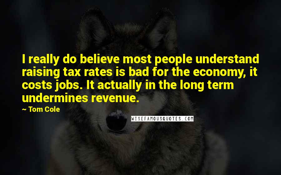 Tom Cole quotes: I really do believe most people understand raising tax rates is bad for the economy, it costs jobs. It actually in the long term undermines revenue.