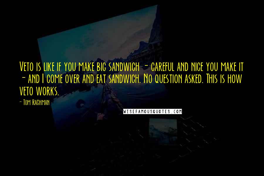 Tom Rachman quotes: Veto is like if you make big sandwich - careful and nice you make it - and I come over and eat sandwich. No question asked. This is how veto