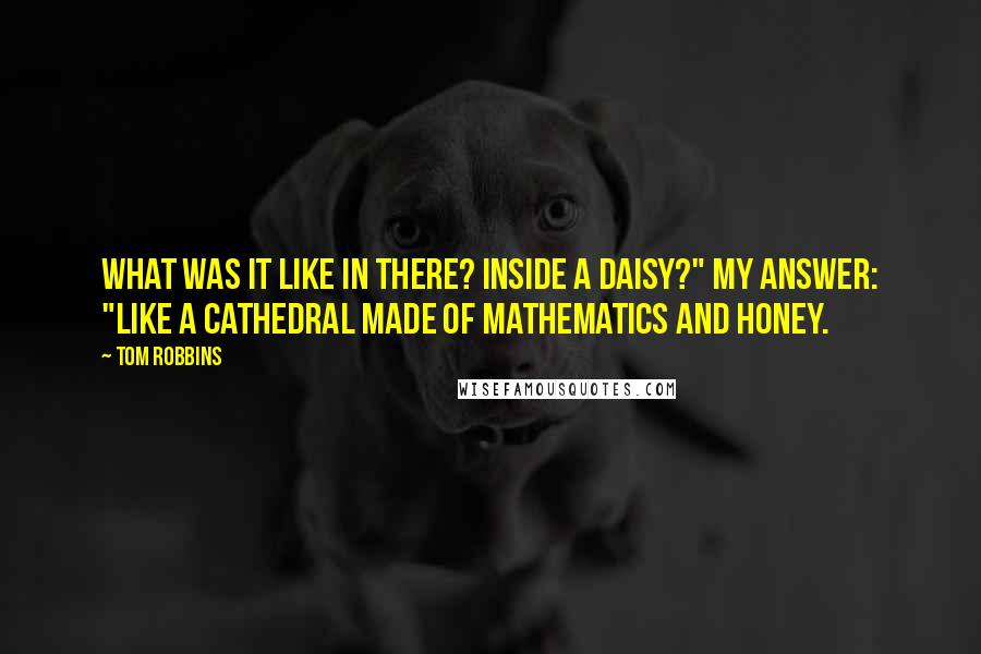 Tom Robbins quotes: What was it like in there? Inside a daisy?" My answer: "Like a cathedral made of mathematics and honey.