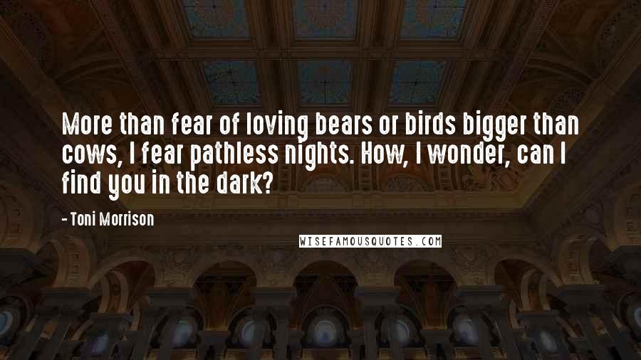 Toni Morrison quotes: More than fear of loving bears or birds bigger than cows, I fear pathless nights. How, I wonder, can I find you in the dark?