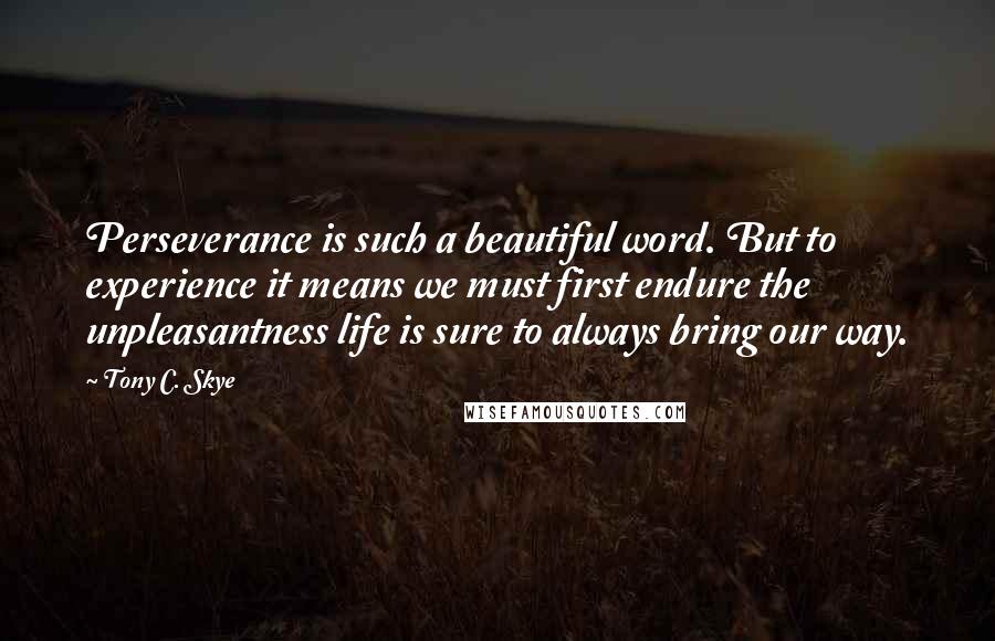 Tony C. Skye quotes: Perseverance is such a beautiful word. But to experience it means we must first endure the unpleasantness life is sure to always bring our way.