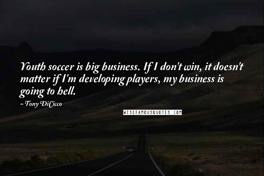Tony DiCicco quotes: Youth soccer is big business. If I don't win, it doesn't matter if I'm developing players, my business is going to hell.