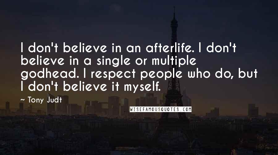 Tony Judt quotes: I don't believe in an afterlife. I don't believe in a single or multiple godhead. I respect people who do, but I don't believe it myself.