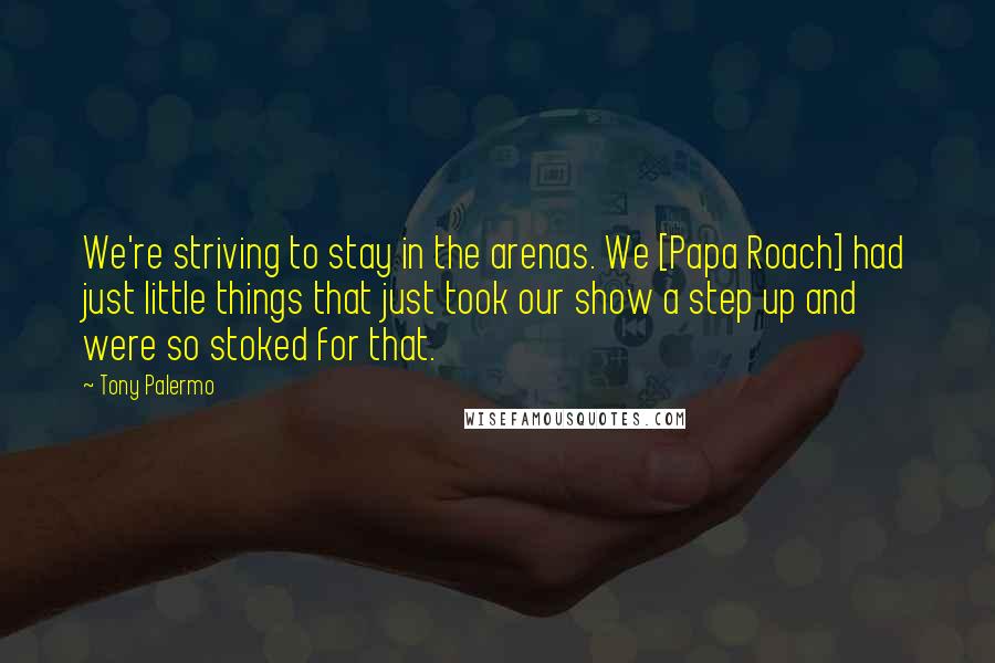 Tony Palermo quotes: We're striving to stay in the arenas. We [Papa Roach] had just little things that just took our show a step up and were so stoked for that.