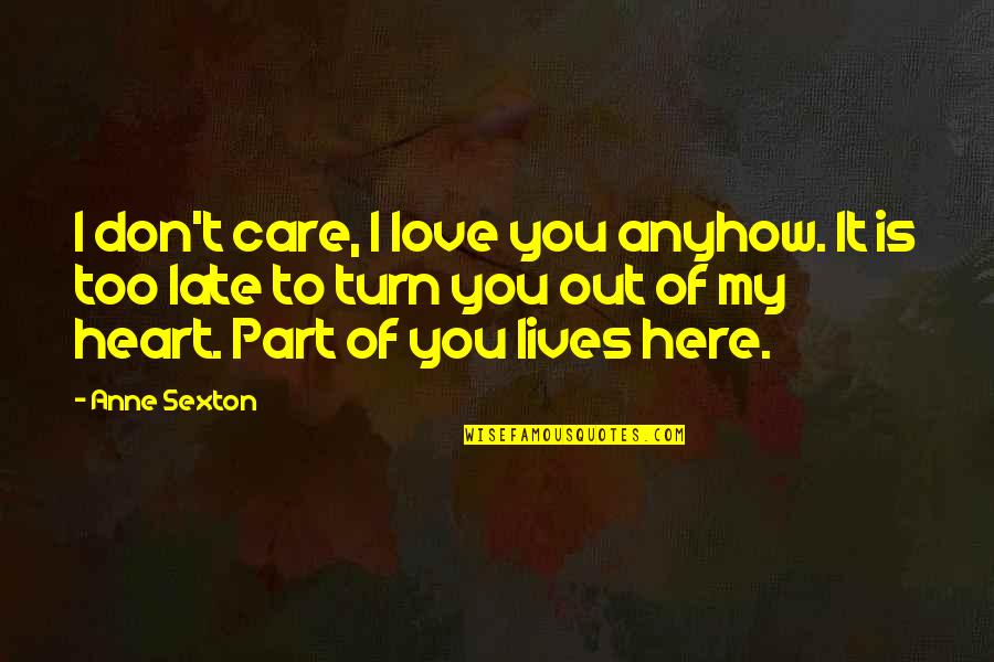 Too Late In Love Quotes By Anne Sexton: I don't care, I love you anyhow. It Too Late In Love Quotes By Anne Sexton: I don't care, I love you anyhow. It