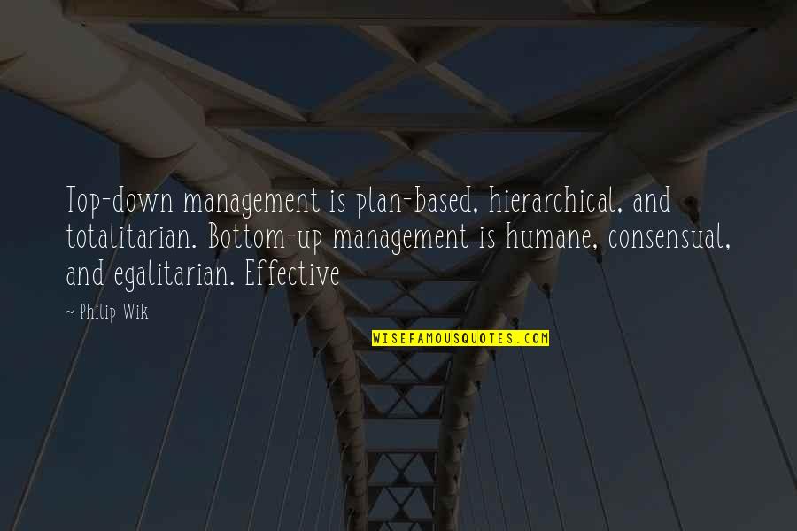 Top Management Quotes By Philip Wik: Top-down management is plan-based, hierarchical, and totalitarian. Bottom-up