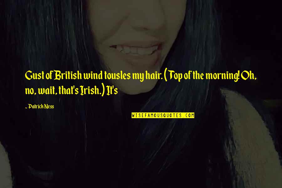 Top Of The Morning Quotes By Patrick Ness: Gust of British wind tousles my hair. (Top Top Of The Morning Quotes By Patrick Ness: Gust of British wind tousles my hair. (Top
