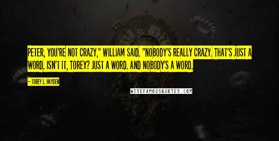 Torey L. Hayden quotes: Peter, you're not crazy," William said. "Nobody's really crazy. That's just a word. Isn't it, Torey? Just a word. And nobody's a word.