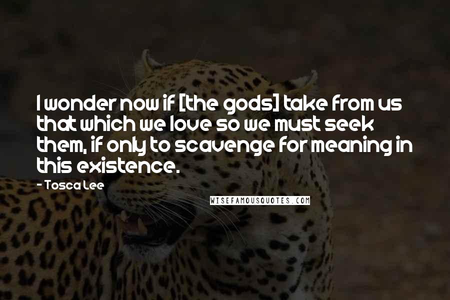 Tosca Lee quotes: I wonder now if [the gods] take from us that which we love so we must seek them, if only to scavenge for meaning in this existence.