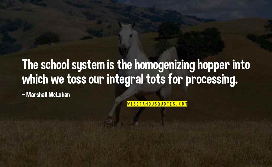 Toss Quotes By Marshall McLuhan: The school system is the homogenizing hopper into Toss Quotes By Marshall McLuhan: The school system is the homogenizing hopper into