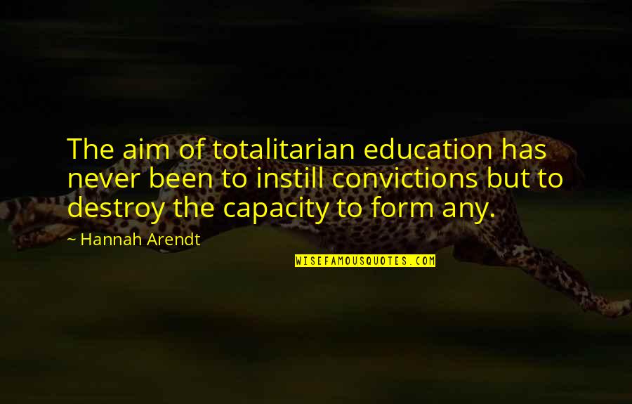 Totalitarian Quotes By Hannah Arendt: The aim of totalitarian education has never been Totalitarian Quotes By Hannah Arendt: The aim of totalitarian education has never been