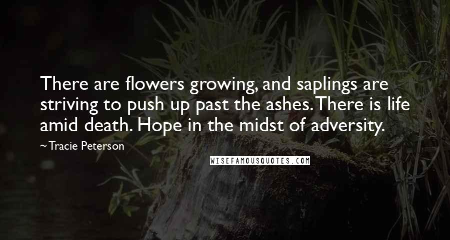 Tracie Peterson quotes: There are flowers growing, and saplings are striving to push up past the ashes. There is life amid death. Hope in the midst of adversity.