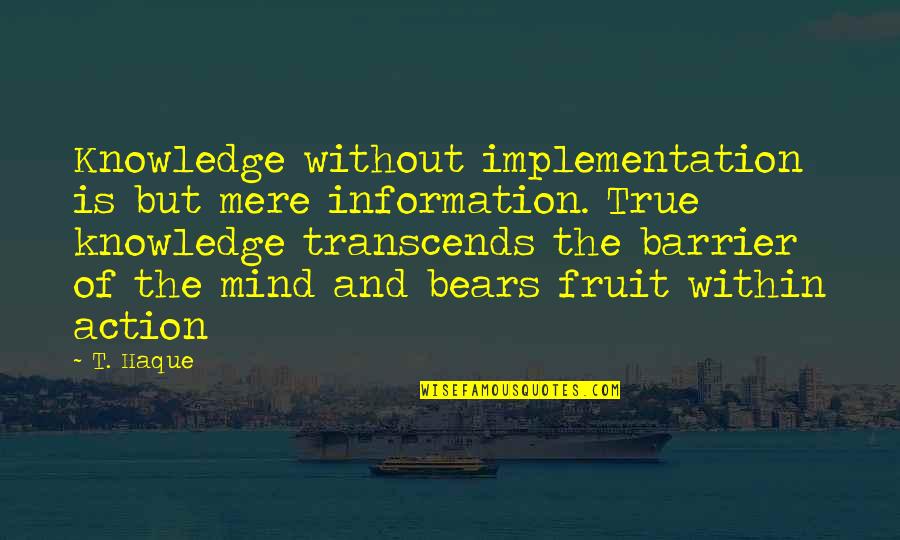 Transcends Quotes By T. Haque: Knowledge without implementation is but mere information. True
