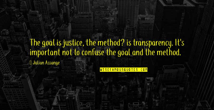 Transparency's Quotes By Julian Assange: The goal is justice, the method? is transparency.