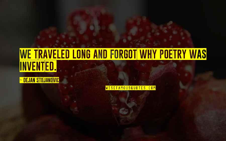 Travelling Quotes By Dejan Stojanovic: We traveled long and forgot why poetry was