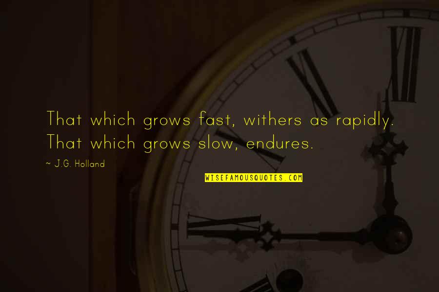 Treaca De La Quotes By J.G. Holland: That which grows fast, withers as rapidly. That