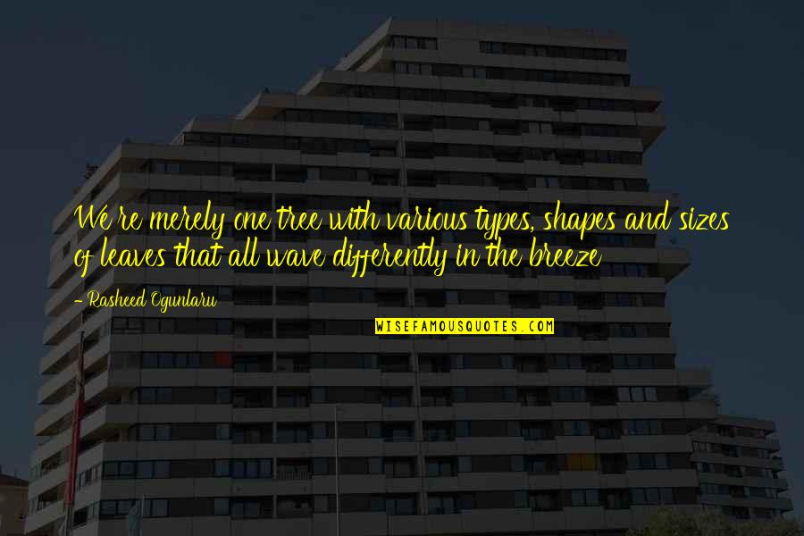 Tree Leaves Quotes By Rasheed Ogunlaru: We're merely one tree with various types, shapes