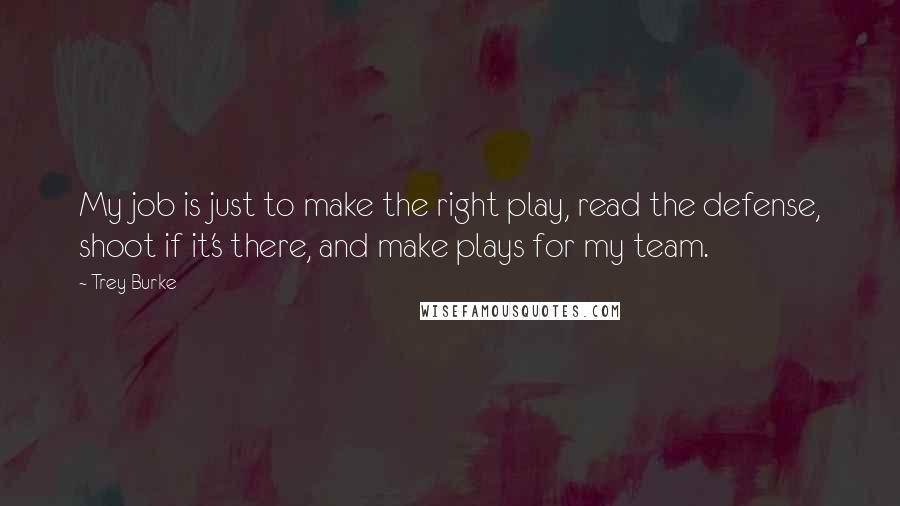 Trey Burke quotes: My job is just to make the right play, read the defense, shoot if it's there, and make plays for my team. Trey Burke quotes: My job is just to make the right play, read the defense, shoot if it's there, and make plays for my team.