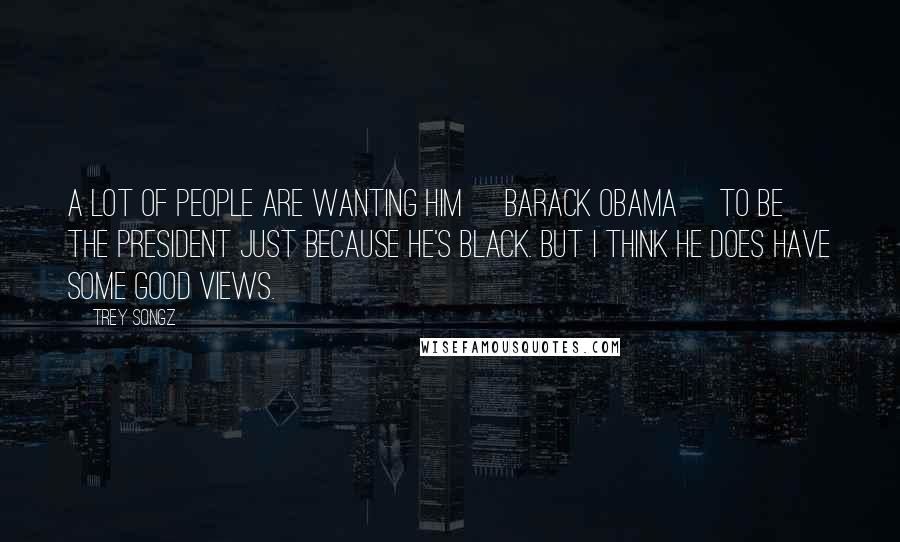 Trey Songz quotes: A lot of people are wanting him [Barack Obama] to be the president just because he's black. But I think he does have some good views.