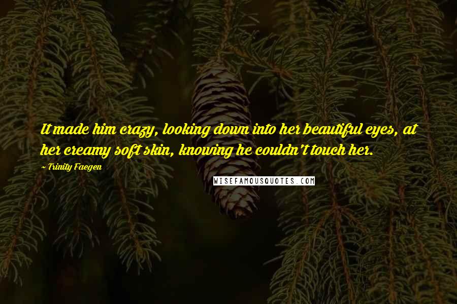 Trinity Faegen quotes: It made him crazy, looking down into her beautiful eyes, at her creamy soft skin, knowing he couldn't touch her. Trinity Faegen quotes: It made him crazy, looking down into her beautiful eyes, at her creamy soft skin, knowing he couldn't touch her.