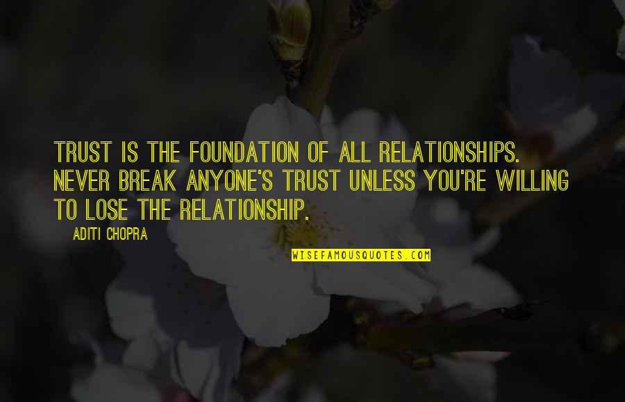 Trust Anyone Quotes By Aditi Chopra: Trust is the foundation of all relationships. Never