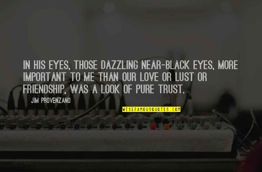 Trust Friendship Quotes By Jim Provenzano: In his eyes, those dazzling near-black eyes, more