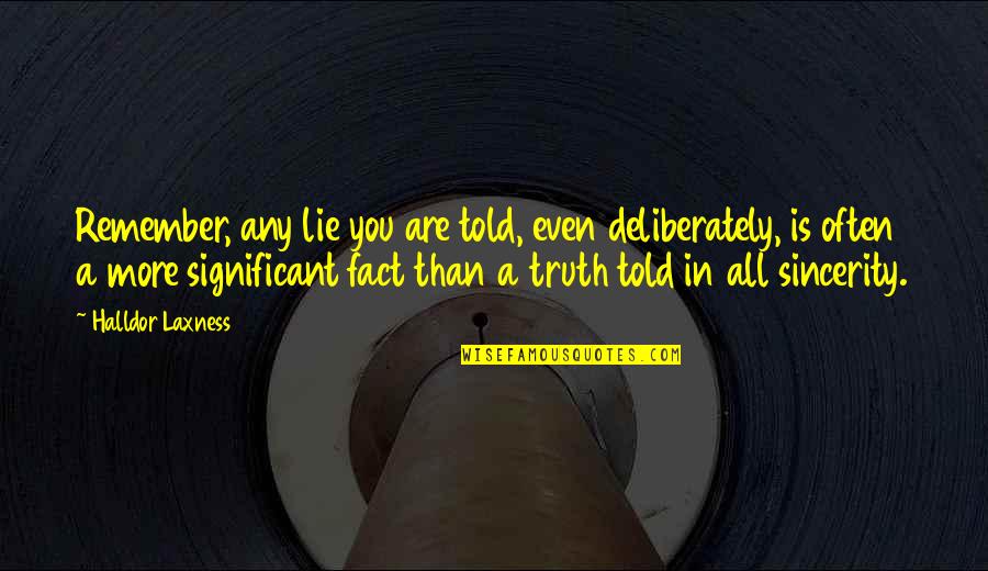 Truth Fiction Quotes By Halldor Laxness: Remember, any lie you are told, even deliberately,