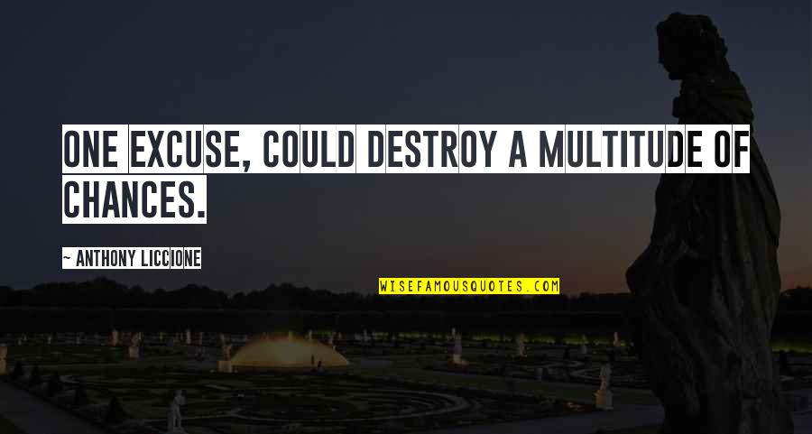 Tussles Shoes Quotes By Anthony Liccione: One excuse, could destroy a multitude of chances. Tussles Shoes Quotes By Anthony Liccione: One excuse, could destroy a multitude of chances.