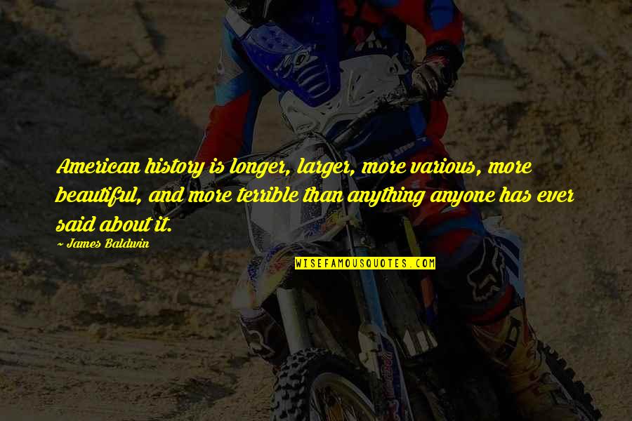 Ueda Castle Quotes By James Baldwin: American history is longer, larger, more various, more Ueda Castle Quotes By James Baldwin: American history is longer, larger, more various, more