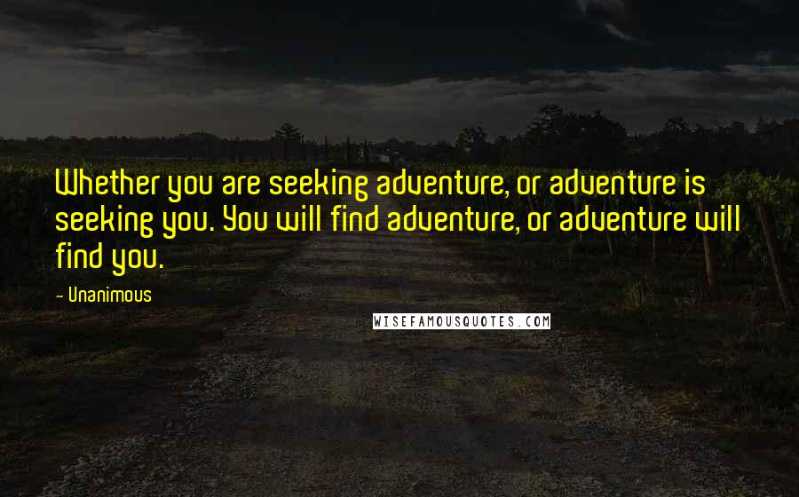 Unanimous quotes: Whether you are seeking adventure, or adventure is seeking you. You will find adventure, or adventure will find you.