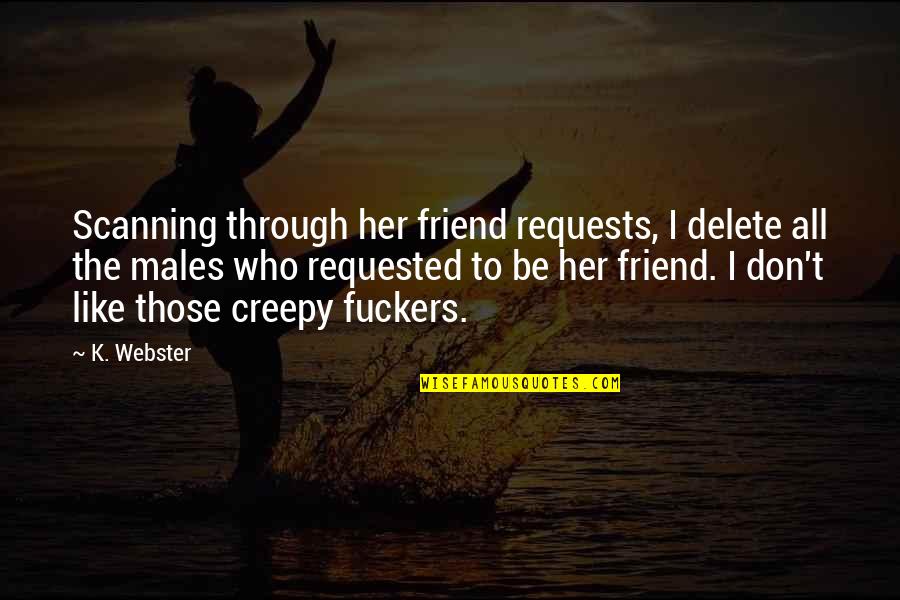 Unexposed Synonyms Quotes By K. Webster: Scanning through her friend requests, I delete all