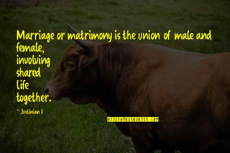 Union Marriage Quotes By Justinian I: Marriage or matrimony is the union of male