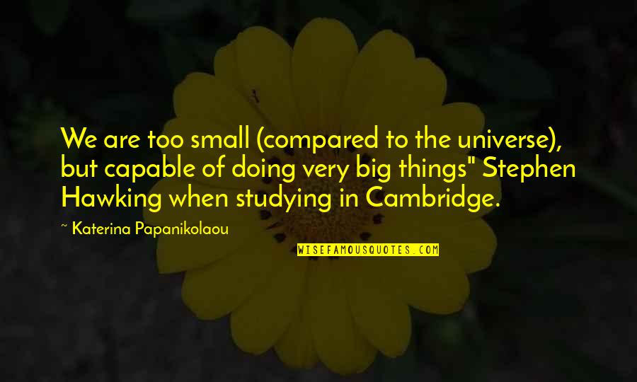 Universe Small Quotes By Katerina Papanikolaou: We are too small (compared to the universe),