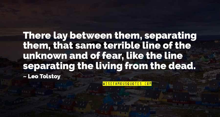 Unknown Fear Quotes By Leo Tolstoy: There lay between them, separating them, that same