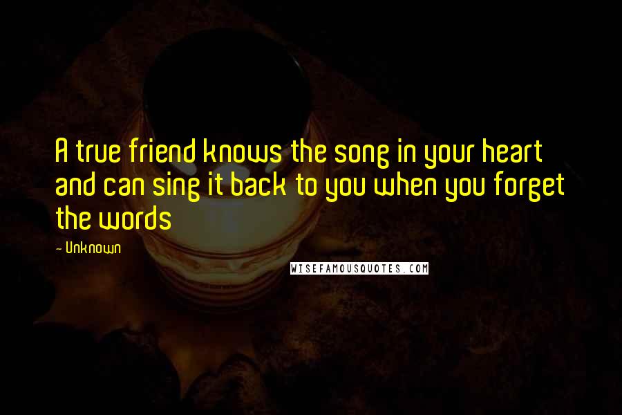 Unknown quotes: A true friend knows the song in your heart and can sing it back to you when you forget the words Unknown quotes: A true friend knows the song in your heart and can sing it back to you when you forget the words
