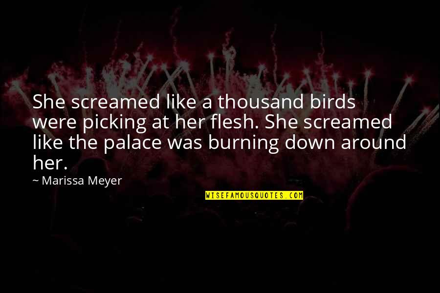 Unstoppable Love Quotes By Marissa Meyer: She screamed like a thousand birds were picking Unstoppable Love Quotes By Marissa Meyer: She screamed like a thousand birds were picking