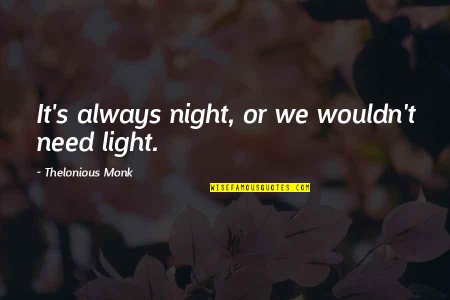 V3rmillion Quotes By Thelonious Monk: It's always night, or we wouldn't need light. V3rmillion Quotes By Thelonious Monk: It's always night, or we wouldn't need light.