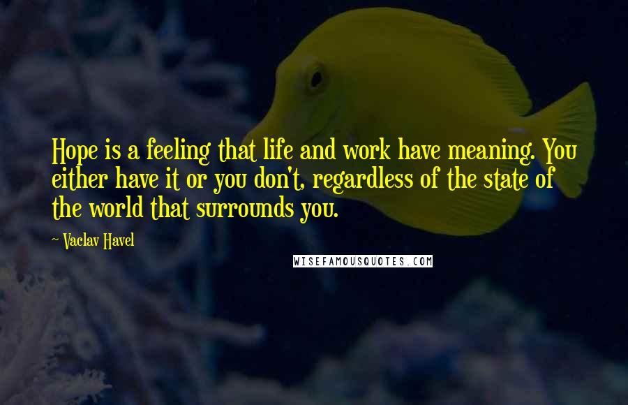 Vaclav Havel quotes: Hope is a feeling that life and work have meaning. You either have it or you don't, regardless of the state of the world that surrounds you.