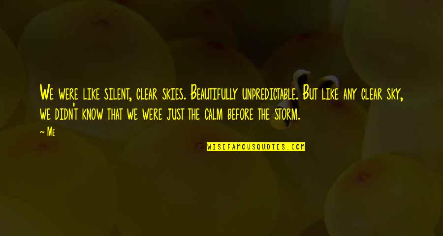 Vaijnath Mangeshkar Quotes By Me: We were like silent, clear skies. Beautifully unpredictable. Vaijnath Mangeshkar Quotes By Me: We were like silent, clear skies. Beautifully unpredictable.
