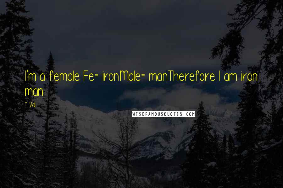 Val quotes: I'm a female Fe= ironMale= manTherefore I am iron man