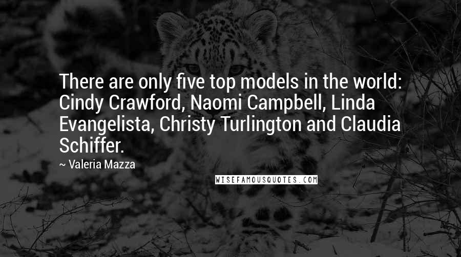 Valeria Mazza quotes: There are only five top models in the world: Cindy Crawford, Naomi Campbell, Linda Evangelista, Christy Turlington and Claudia Schiffer. Valeria Mazza quotes: There are only five top models in the world: Cindy Crawford, Naomi Campbell, Linda Evangelista, Christy Turlington and Claudia Schiffer.