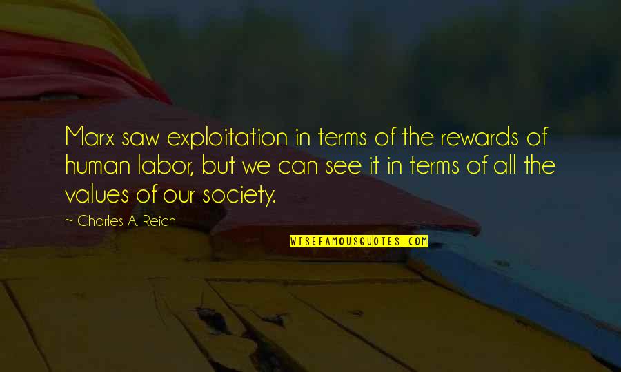 Values In Society Quotes By Charles A. Reich: Marx saw exploitation in terms of the rewards