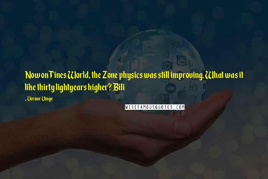 Vernor Vinge quotes: Now on Tines World, the Zone physics was still improving. What was it like thirty lightyears higher? Bili Vernor Vinge quotes: Now on Tines World, the Zone physics was still improving. What was it like thirty lightyears higher? Bili