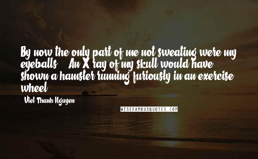 Viet Thanh Nguyen quotes: By now the only part of me not sweating were my eyeballs... An X-ray of my skull would have shown a hamster running furiously in an exercise wheel... Viet Thanh Nguyen quotes: By now the only part of me not sweating were my eyeballs... An X-ray of my skull would have shown a hamster running furiously in an exercise wheel...