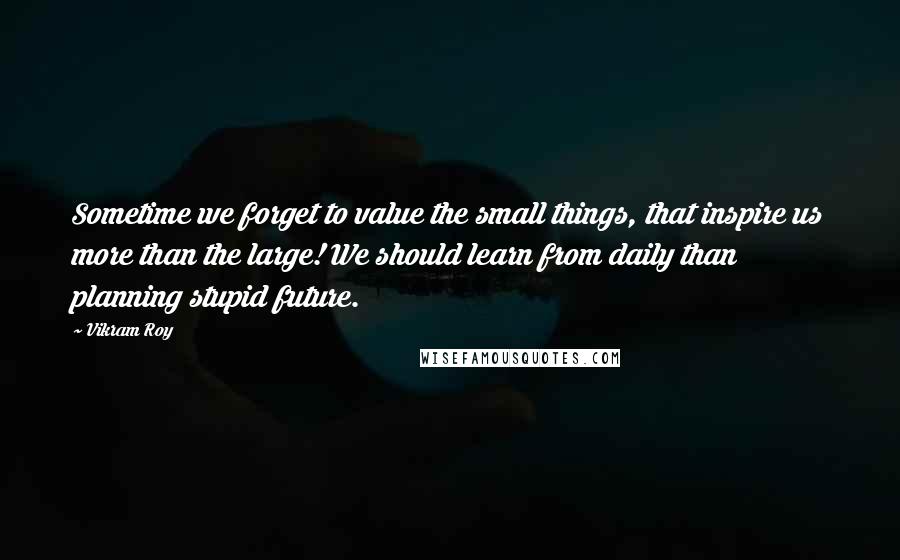 Vikram Roy quotes: Sometime we forget to value the small things, that inspire us more than the large! We should learn from daily than planning stupid future.